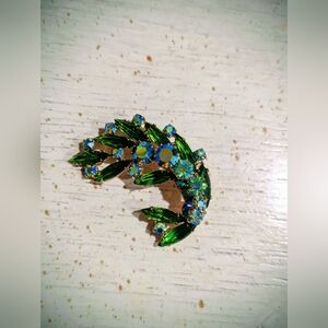 Vintage Green and Blue Rhinestone Leaf Brooch